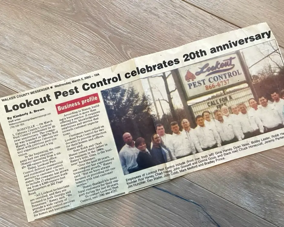Newspaper article of Lookout Pest Control celebrating their 20th Anniversary